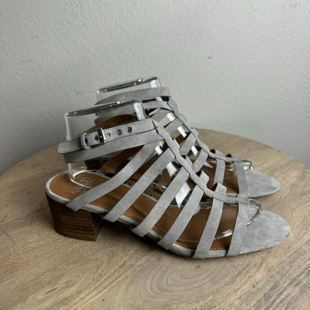 Franco Sarto Finesse Cage strappy Gladiator‎ Sandal Sz 10M Grey Suede Block Heel